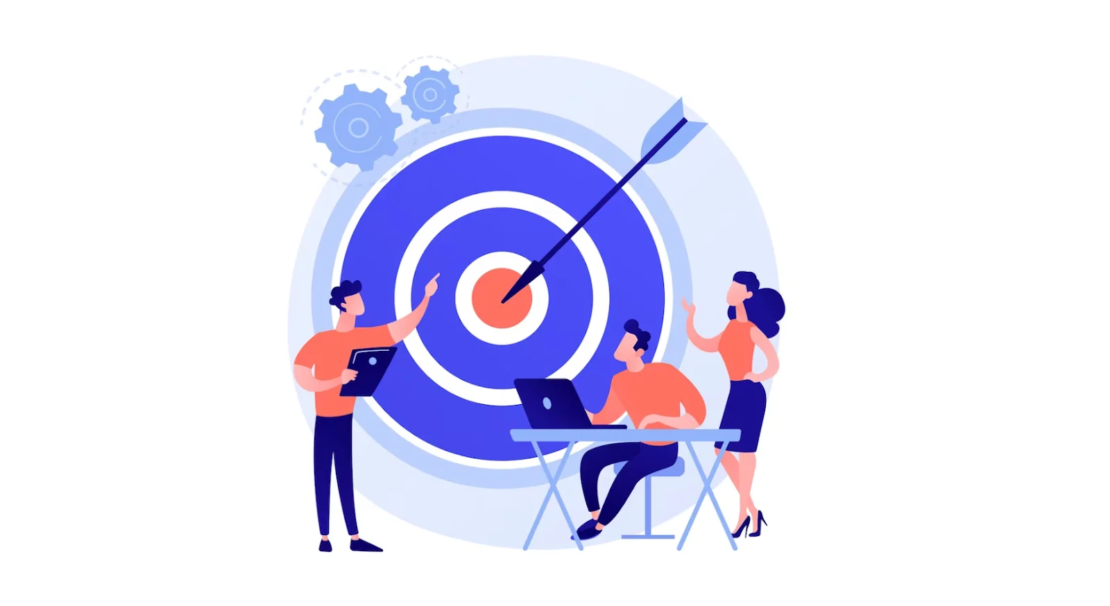 Team brainstorming process scope, goals, and audience with target and milestone planning illustration