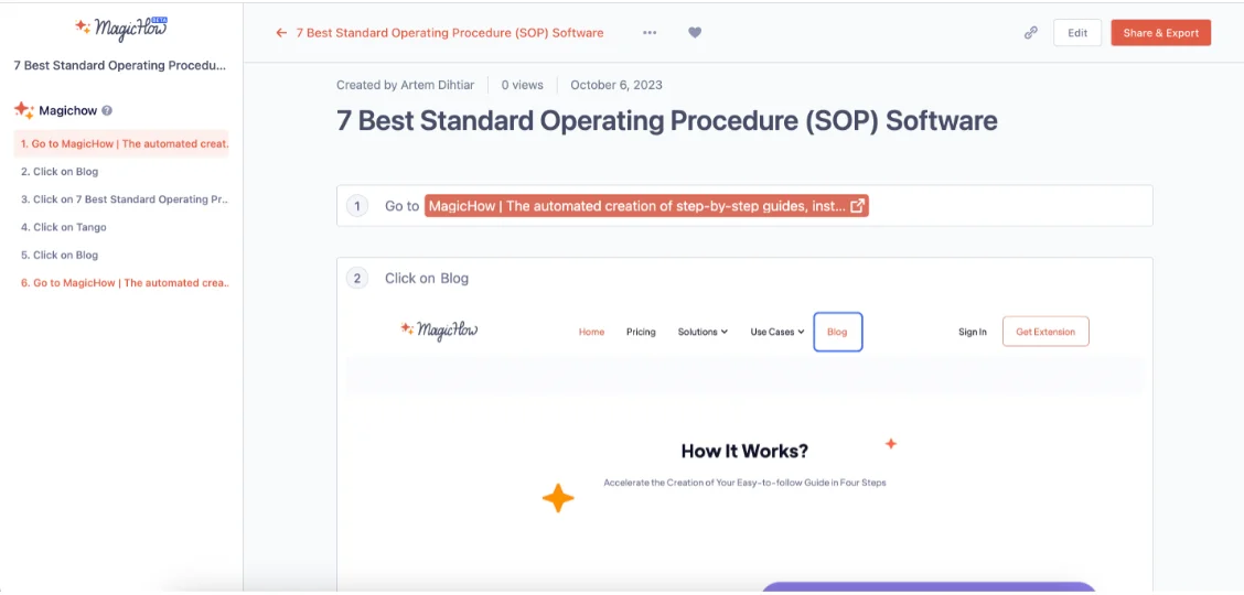 Business process documentation software interface showing SOP creation in MagicHow