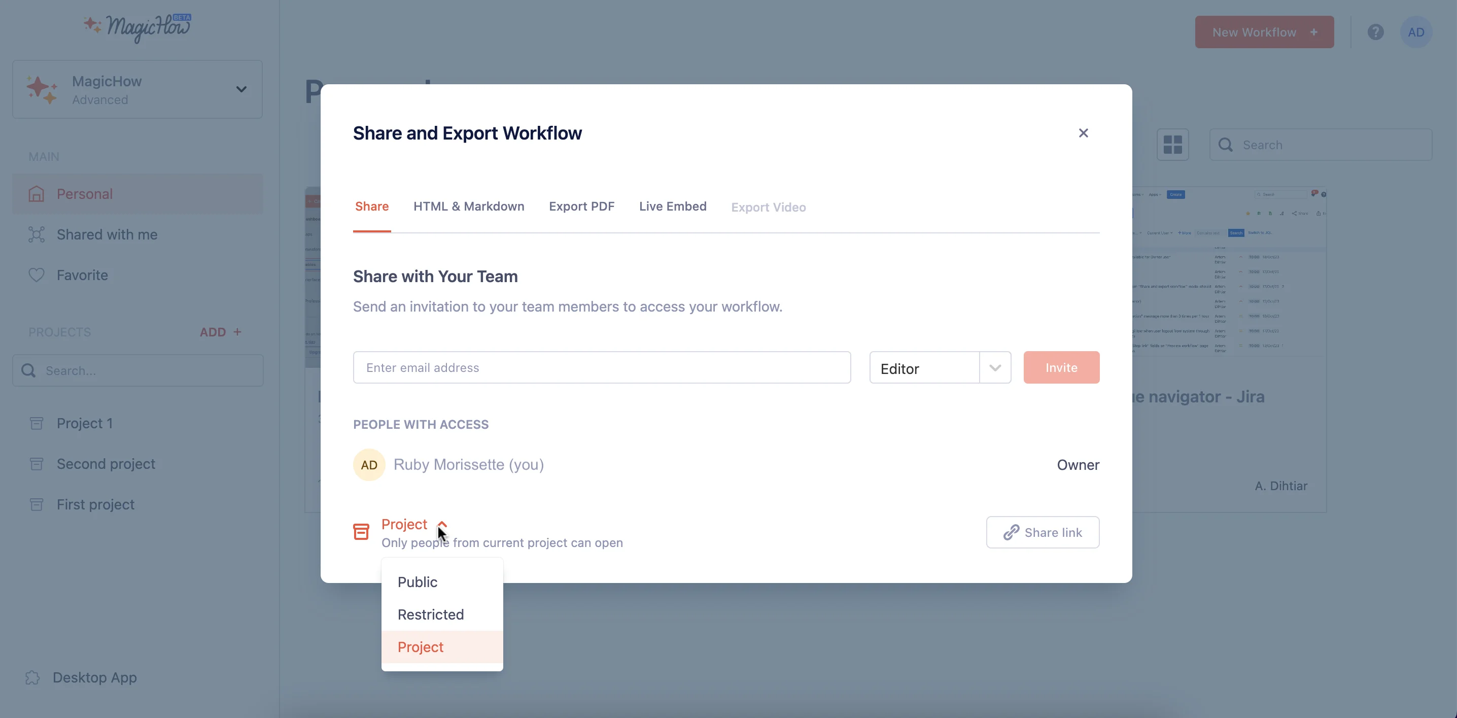 MagicHow process documentation sharing options with team access controls and export settings