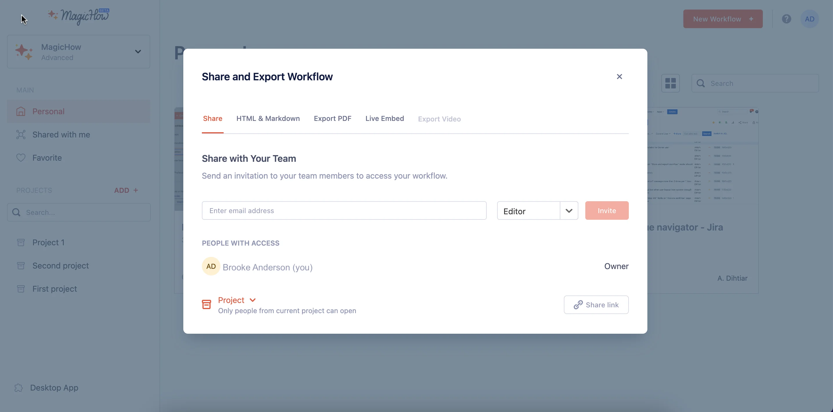 MagicHow share and export workflow options for a how-to guide including link access, PDF export, HTML and Markdown