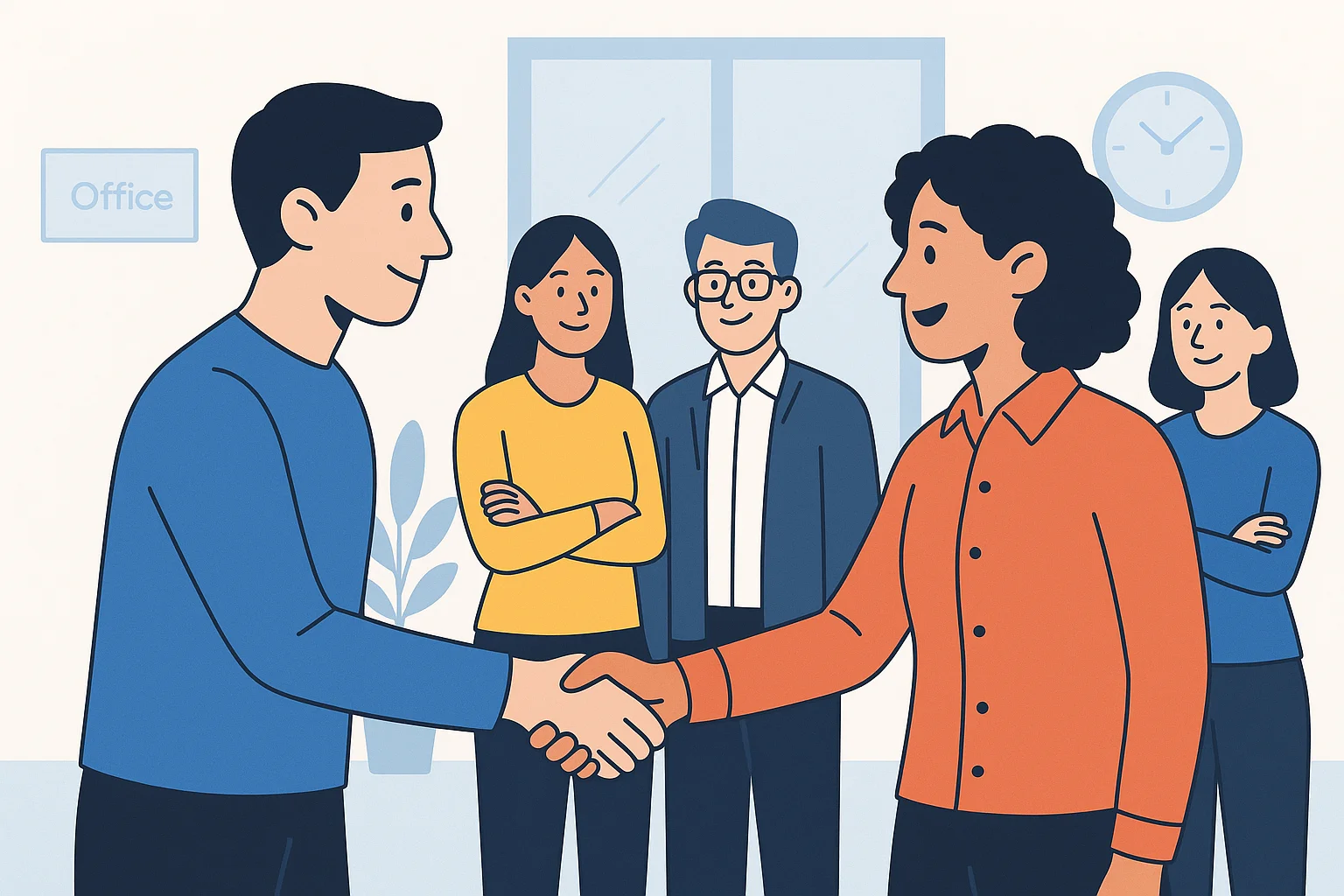 First-day employee onboarding with team introductions and welcome meeting