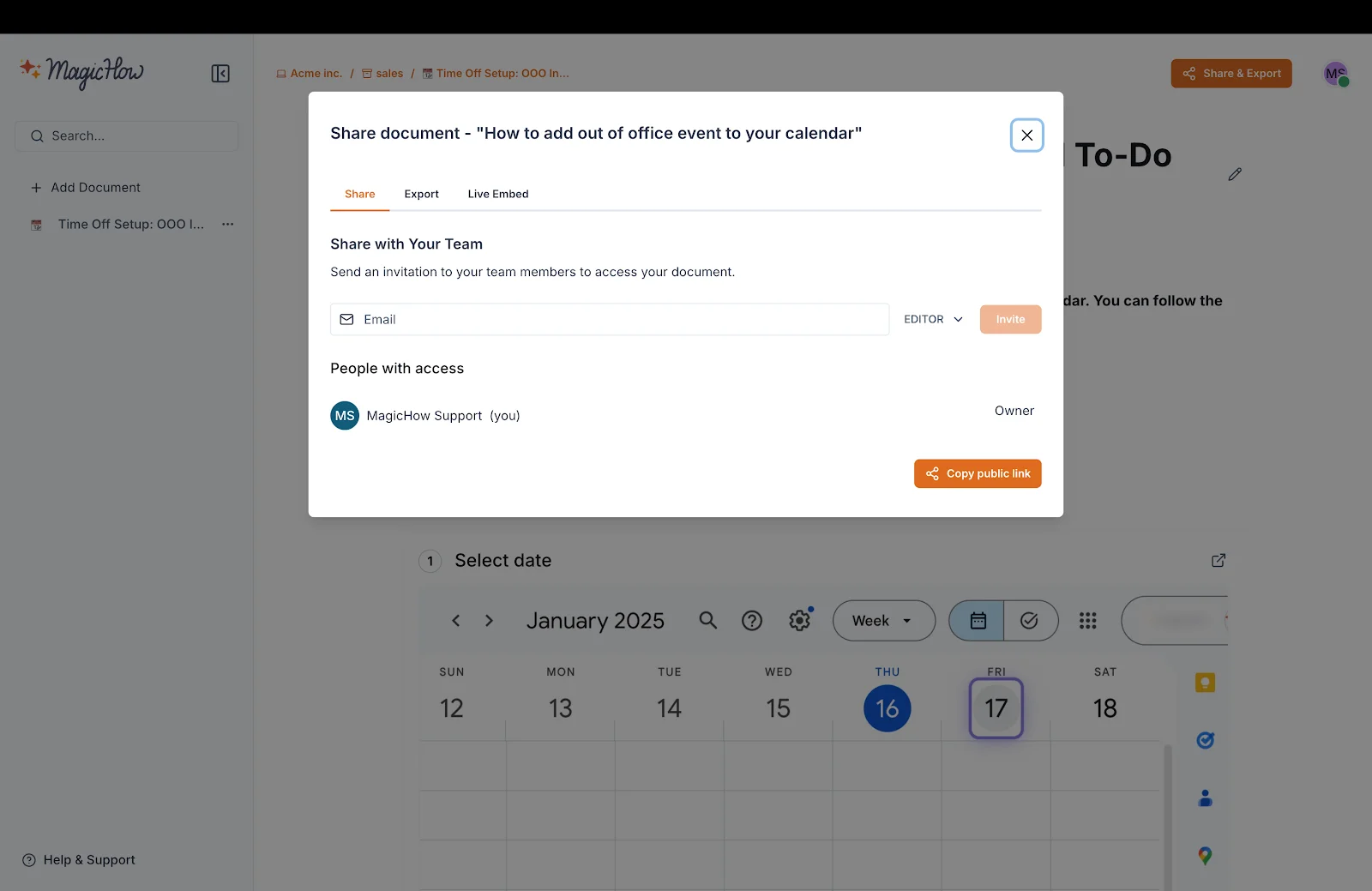 MagicHow interface for sharing a standard operating procedure with team members