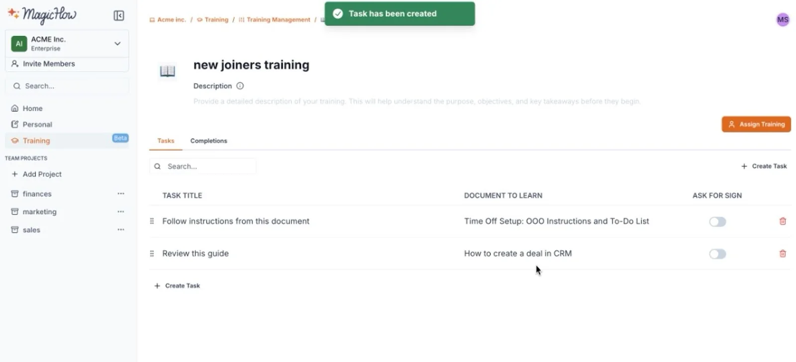 MagicHow Training showing onboarding tasks and learning materials