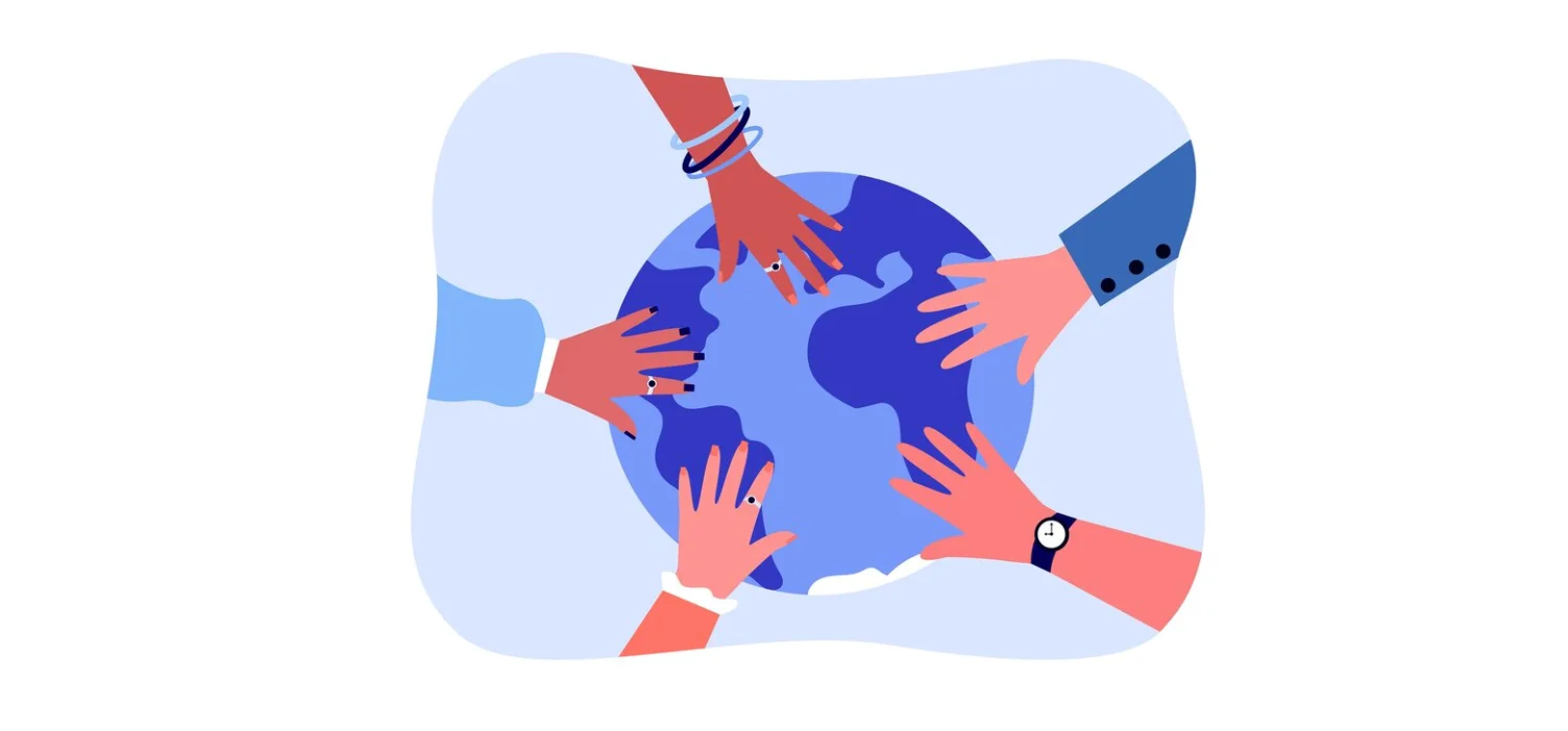 Diverse hands around a globe symbolizing teamwork and shared values
