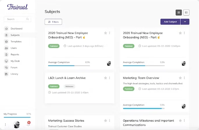 Trainual dashboard with employee training modules
